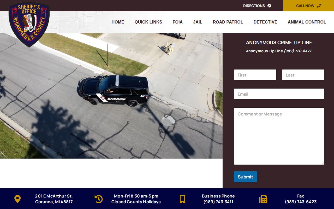 Shiawassee County Sheriff official contact source for recent arrest questions