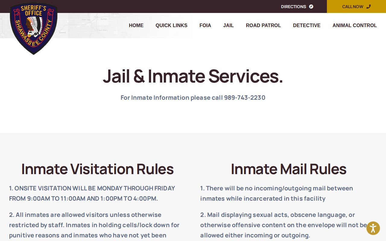 Shiawassee County Jail information page without a public arrest roster