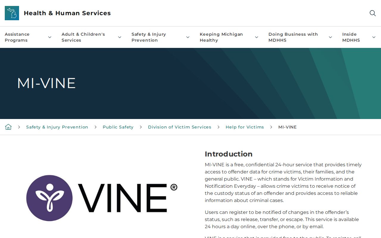 Michigan MI-VINE page explaining custody status and notification services
