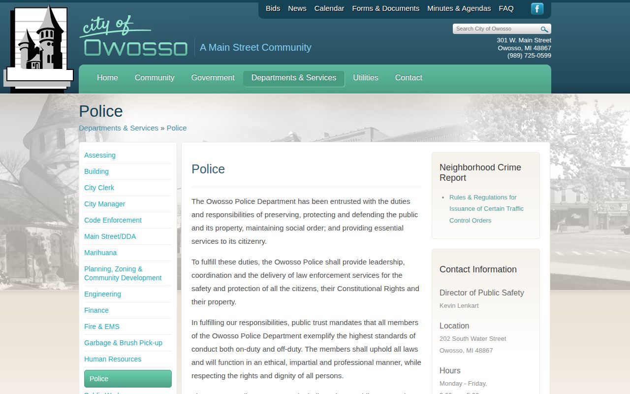 Owosso Department of Public Safety police contact page