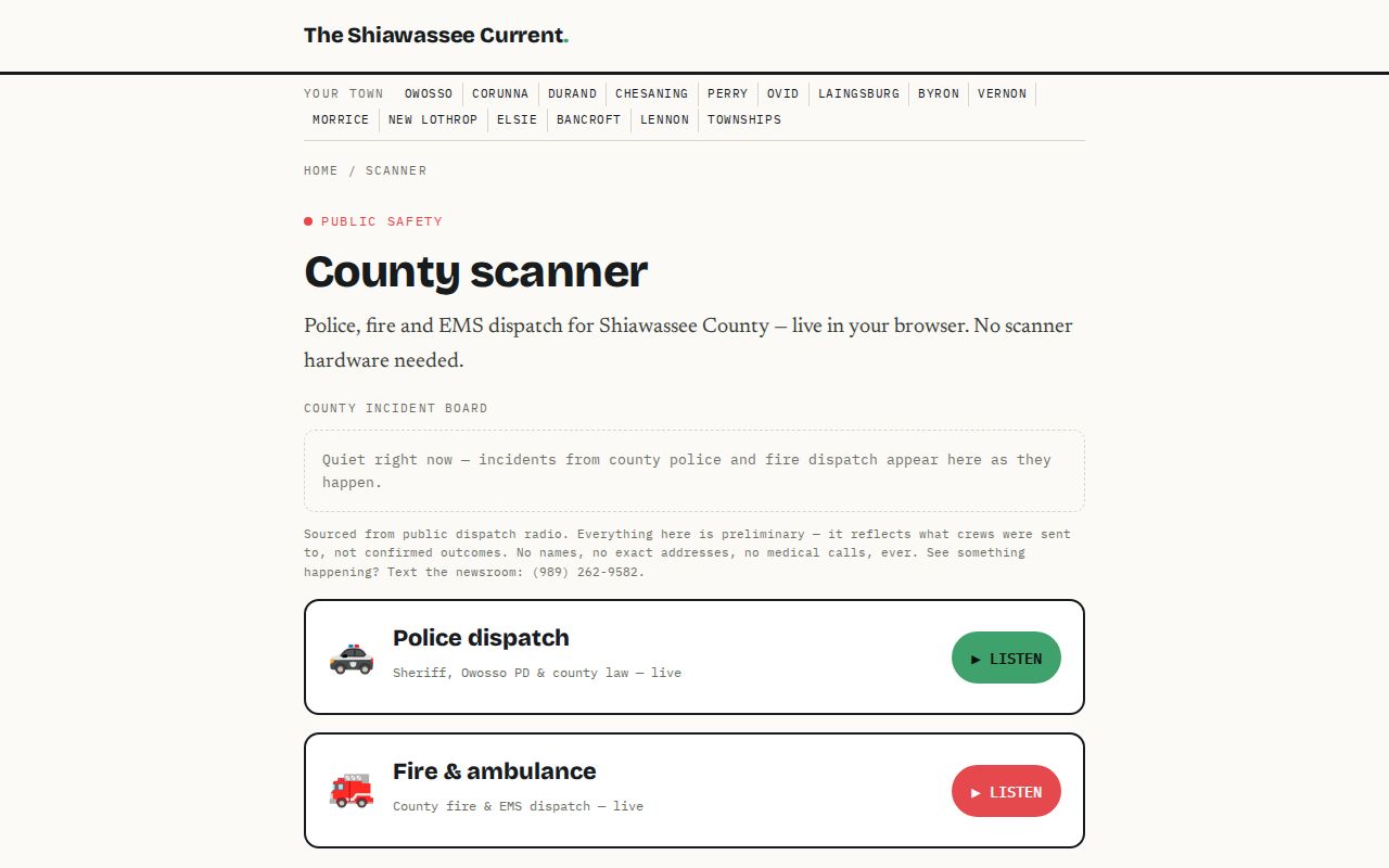 Shiawassee Current scanner page with preliminary dispatch context for Corunna and nearby areas